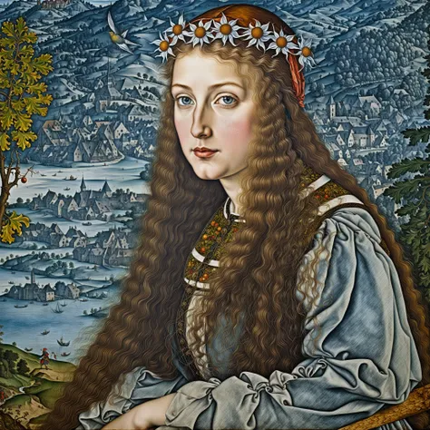 [[full-length view: young attractive girl ((style  Albrecht_Durer))]/[background: (amazing Renaissance landscape based on 
Pieter Brueghel the Elder) (masterpiece)], oil painting, extreme detail, intricate, unusual, ((best quality))]