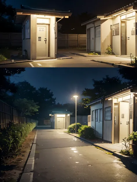 Public toilet building with toilets in a seaside park、A slightly larger building、Wooded、Dark and mysterious atmosphere at night、