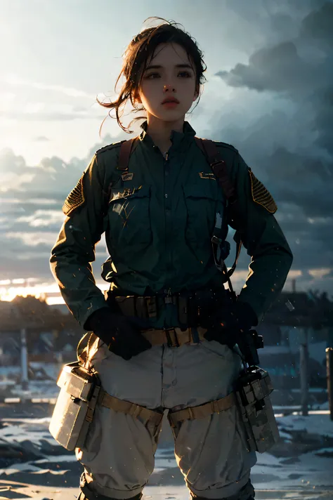 storm、A female soldier in combat uniform in the distance、, Surrealism, cinematic lighting, UHD, anatomically correct, award winning, best quality, highres, 8k