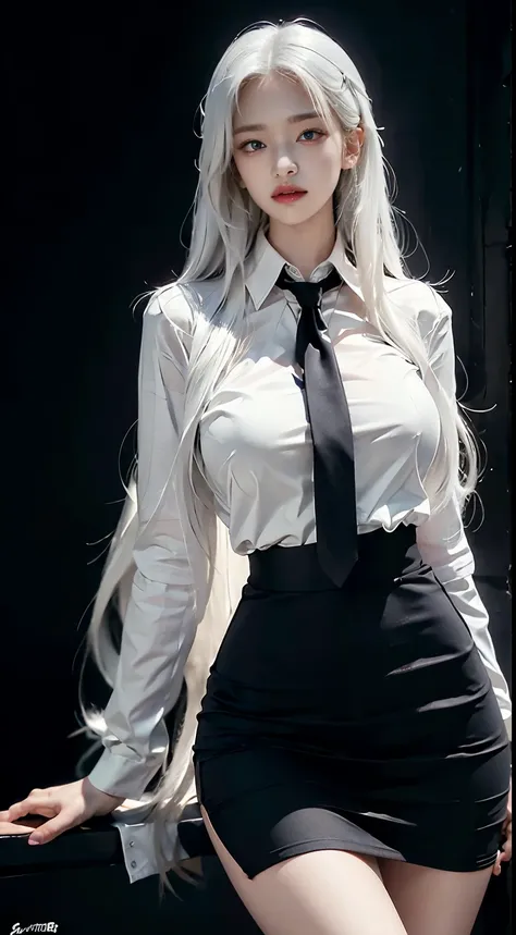 Photorealistic, high resolution, 1 woman, Hips up, Beautiful eyes, White hair, Long hair, ringed eyes, Collared shirt, black necktie,Black skirt, pencil skirts