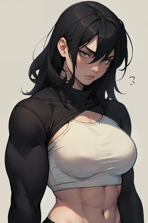 sad girl muscular muscular muscular breasts breasts breasts thick thick thick thick black hair yellow eyes pale skin pale skin thick thick thick long sleeve dark atmosphere thick thick thick thick thick thick muscular simple background sad sad sad sad girl...