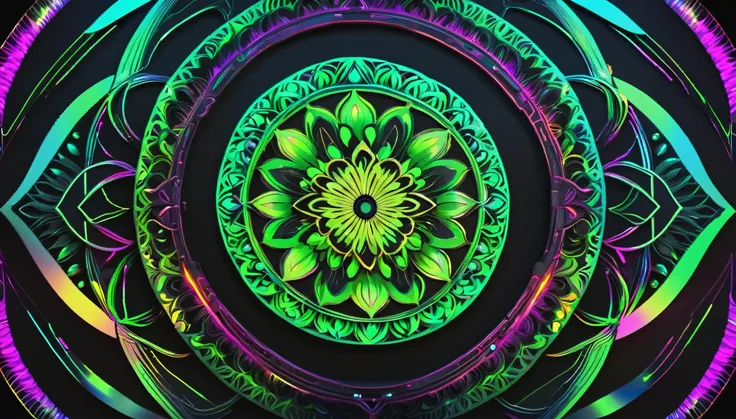 mandala. it was. symbols of nature. neon colors. black backdrop