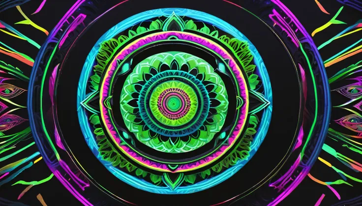 mandala. It was. Symbols of nature. neon colors. black backdrop
