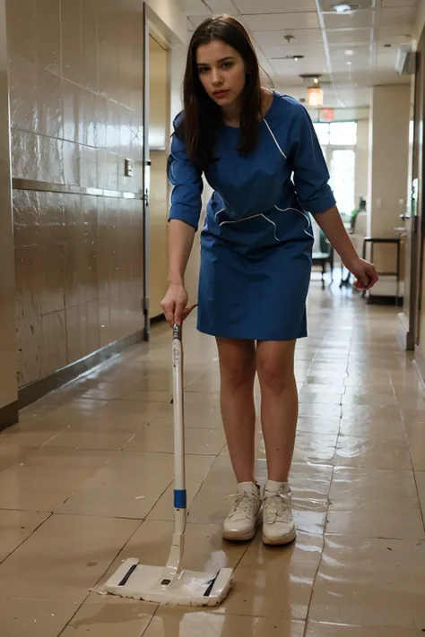 young russian woman mopping the floor in a hospital hallway with a mop beautiful 