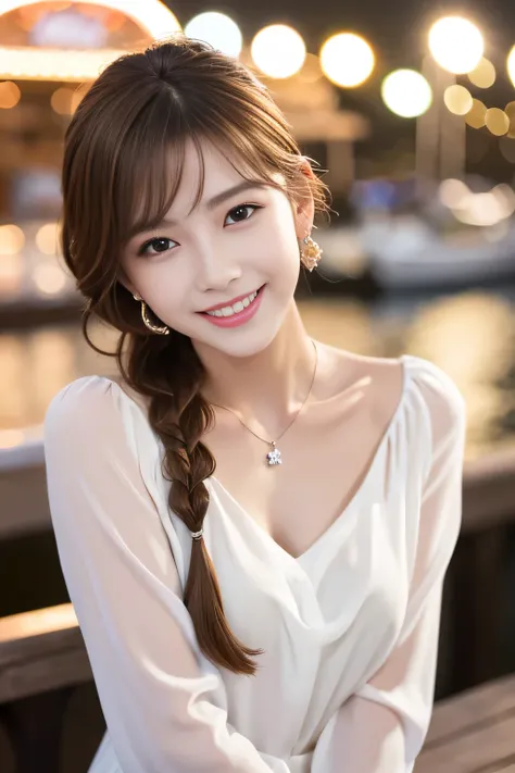 (detailed skin:1.2),(shiny skin:1.1),8k,best quality, masterpiece, ultra high res,(fair skin:1.2), Long sleeve blouse、Light brown hair、Hairstyle braid、Ear piercing、Necklace around the neck、smile、Beautiful teeth alignment、Pier at night