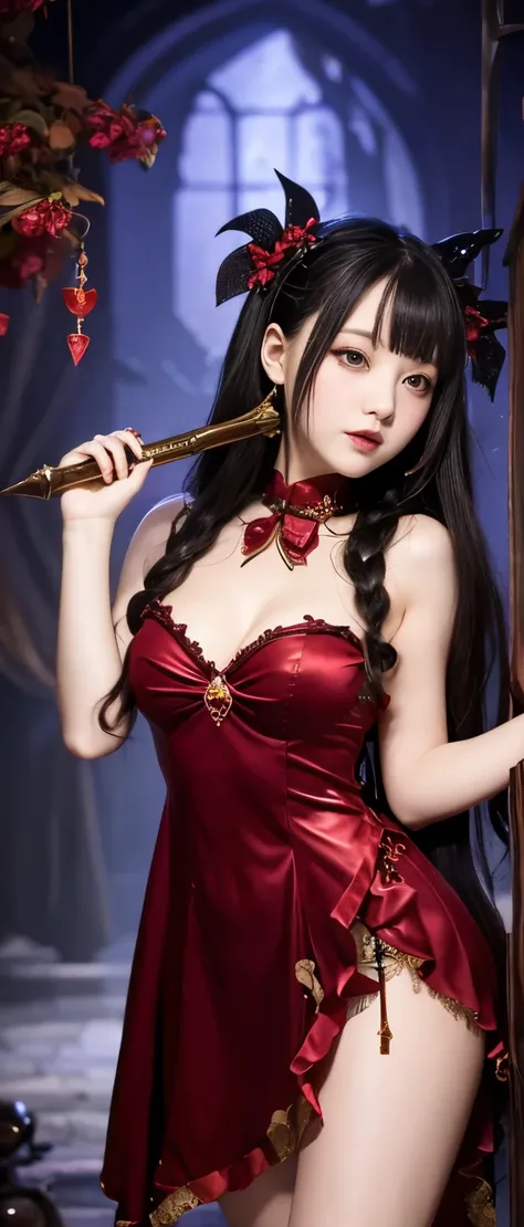 A cute and fairytale-like idol girl、whole body、Good style、、、、、、、、、、Thick legs、、Gold and dark red vampire punk dress（Blood Spear）、Neat and clean idol face、A fairytale haunted house（Glowing）、