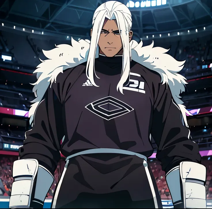 Soccer goalie with level 10  black aura, tall, (large mammoth in background), long white hair, (dark brown skin), black and white soccer jersey, goalkeeper gloves, purple eyes, masculine features, 