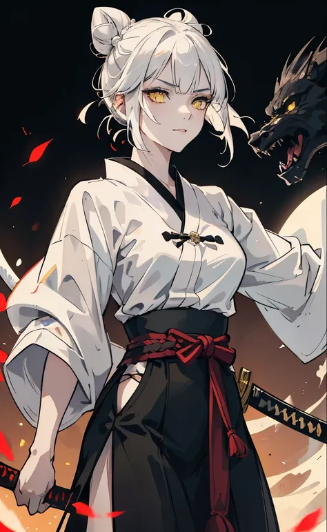  mature , solo , girl, yellow eyes, white hair in a one bun, short, beautiful, have a katana, fighting a demon, wears haori, smirking face, have light makeup, aggressive , moonlight breathing style 