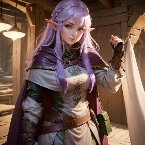 A female Elf Ranger. Born from the forest. Leather armor that blends in with the underbody and cape to become invisible. Long Light Purple Hair with Chunky Design. Super detailed eyes .shy smile.His gaze would be intense and serious. Full-body image .ready...