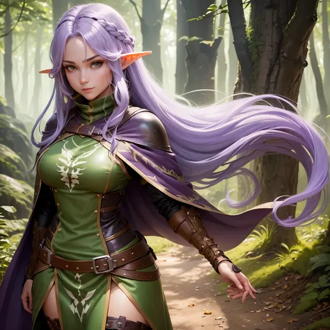 A female Elf Ranger. Born from the forest. Leather armor that blends in with the underbody and cape to become invisible. Long Light Purple Hair with Chunky Design. Super detailed eyes .shy smile.His gaze would be intense and serious. Full-body image .ready...