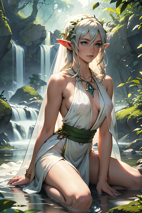 Photo-realistic image of a beautiful elf woman with fair skin, light hair, and striking blue-green eyes. She has a very lovely, charming face with delicate features and a serene expression. She is wearing a delicate necklace with a white-transparent orchid...