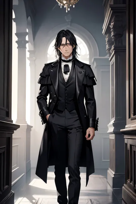 A melancholy man from the Victorian era with dark, shoulder-length hair and silver-gray eyes. He is wearing an elaborate black coat, a high-collared white shirt, and dark trousers with high leather boots. He stands in a dimly lit, old mansion filled with a...