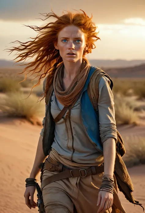 photorealistic, (Masterpiece photo), full body shot, a desert post apocalyptic landscape at sunset, a cute woman with ginger windblown hair, post apocalyptic nomadic clothes, natural skin texture, blue-grey eyes, some freckles on face, skinny runners body,...