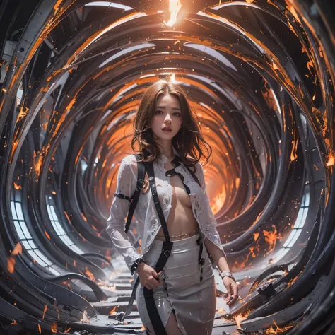 Best quality，masterpiece，16k,Artistic，In the curved tunnel，A tunnel surrounded by flames，Futuristic，Fantasy Tunnel，Complex structure，1girl，Dynamic poses，Looking at the camera，Girl being chased by monster