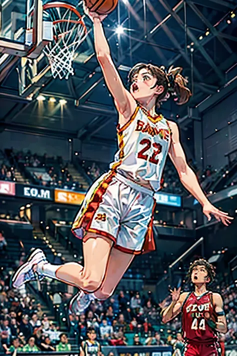 ((女子バスケットball選手))、(the moment the slam dunk is decided:1.4)、(dunk shot:1.4)、(jumping chute:1.4)、(goal post、ball)、young and beaut...