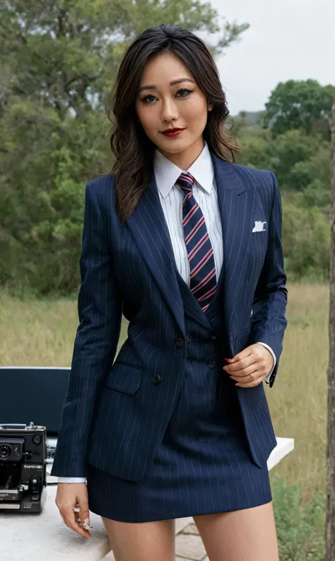a beautiful picture of fukuharaXL ,woman,detailed skin texture,masterpiece, photorealistic, light, RAW color photo,(fully in frame:1.1), (blush:0.5), (goosebumps:0.5),(((navy pinstripe silk skirt suit))), (((three-piece suit))), (((dress shirt))), (((neckt...