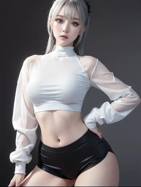 Realistic, High resolution, 1 girl, Gray Hair, Korean, blue eyes, White sexy shirt, Revealing tight black shorts, Thick thighs, crop top sexy