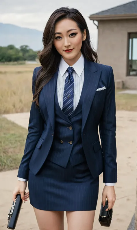 a beautiful picture of fukuharaXL ,woman,detailed skin texture,masterpiece, photorealistic, light, RAW color photo,(fully in frame:1.1), (blush:0.5), (goosebumps:0.5),(((navy pinstripe silk skirt suit))), (((three-piece suit))), (((light blue dress shirt w...