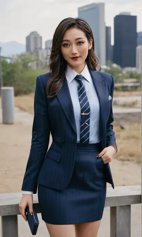 a beautiful picture of fukuharaXL ,woman,detailed skin texture,masterpiece, photorealistic, light, RAW color photo,(fully in frame:1.1), (blush:0.5), (goosebumps:0.5),(((navy pinstripe silk skirt suit))), (((three-piece suit))), (((light blue dress shirt w...