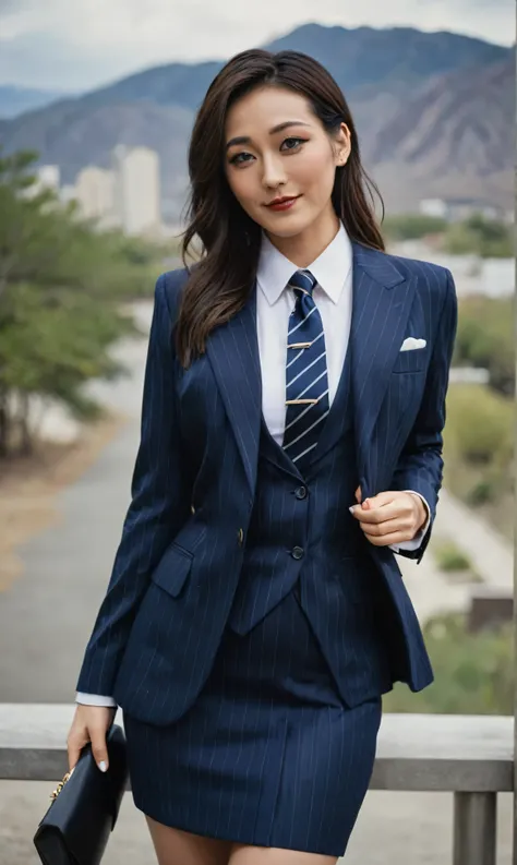 a beautiful picture of fukuharaXL ,woman,detailed skin texture,masterpiece, photorealistic, light, RAW color photo,(fully in frame:1.1), (blush:0.5), (goosebumps:0.5),(((navy pinstripe silk skirt suit))), (((three-piece suit))), (((blue dress shirt with wh...
