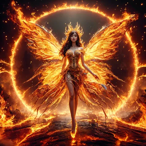puffy woman with giant breast,wearing a dress formed of fire, wearing an ornated outfit, ornated dress, intricate dress, elegant fire dress, ornated and elegant, extravagant dress, inspired by Hedi Xandt, ornated attire, complex outfit, ornated royal gown,...
