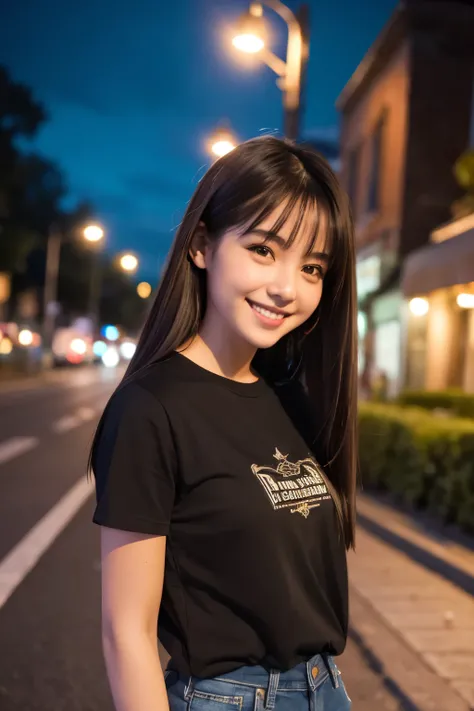 best quality, 1girl, street at night, casual clothes, jeans, black t-shirt, dark brown hair, straight hair, street lights, smiling, upper body, highly detailed