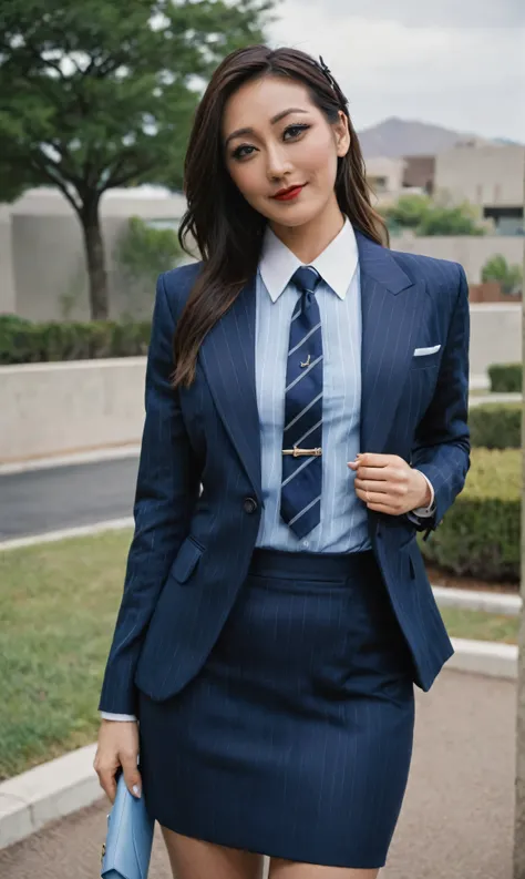 a beautiful picture of fukuharaXL ,woman,detailed skin texture,masterpiece, photorealistic, light, RAW color photo,(fully in frame:1.1), (blush:0.5), (goosebumps:0.5),(((navy pinstripe silk skirt suit))), (((three-piece suit))), (((light blue dress shirt w...