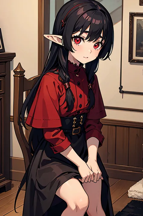 a little elf girl, she is happy, she has white skin, she is 12 years old, she has red eyes, she has black hair, she is dressed in dark red clothes, her style is gothic, she is in a room secret, the environment must be medieval