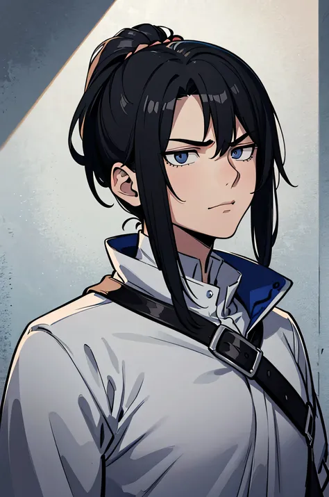 
A 20 year old man, his hair is long, his hair is tied back, his hair is a little in front of his face, he has black hair, he has a very masculine face, he has colored eyes silver gray, he has white skin, he is serious, he wears medieval gothic clothes.