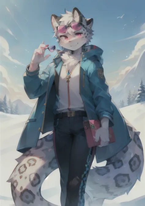 Snow leopard, male, anthro, wears light blue jacket, pink eyes, sunglasses, sunny day, best quality, Masterpiece, full body