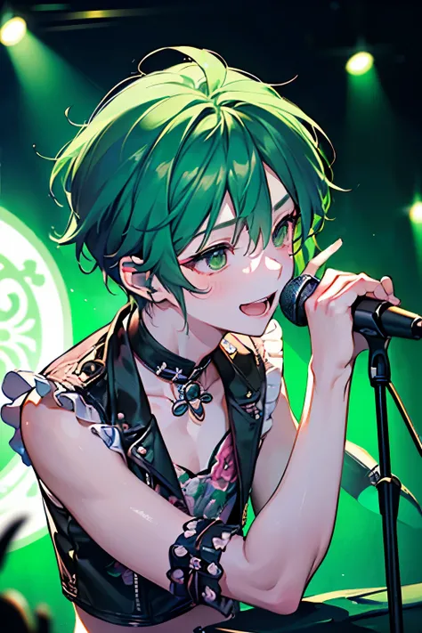 ((cute,kawaii,wonderland)),(Shy laugh、🥺),(Microphone Performance、Fansa:1.25),((boy,Mens,male:1.2)),((Live Stage:1.25)),((Punk clothing:1.25)),((male性アイドル:1.15)),Looking up,((Live Stage:1.25)),(Short Hair:1.3),((green、White、Light、black:1.1)),