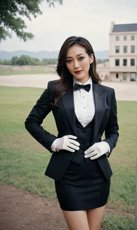 a beautiful picture of fukuharaXL ,woman,detailed skin texture,masterpiece, photorealistic, light, RAW color photo,(fully in frame:1.1), (blush:0.5), (goosebumps:0.5),(((black silk skirt suit))), (((three-piece suit))), (((tuxedo))), (((dress shirt))), (((...
