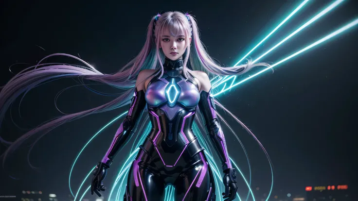 high quality, 8K Ultra HD, full body, have a cyber saber, a mesmerizing 20-year-old woman with a futuristic beauty that seems to transcend time and space, intricately woven into her very being, encased in the cybernetic suit, move with fluidity and precisi...