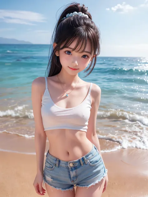 ponytail、Small breasts、Earrings、necklace、Beautiful glowing white skin,、 bright, Refreshing and gentle look, Perfect beautiful pretty face, Shiny, straight, long hair down to the waist, Beautiful shiny bangs, （（Very beautiful and beautiful４Year old girl））, ...