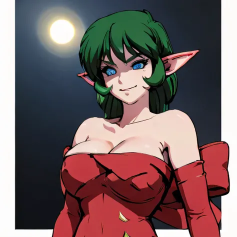  ((masterpiece,best quality,ultra-delicate,Perfect Face,16k,high resolution,very beautiful girl)),medium short green hair,Red strapless bodycon tube dress ,Red long arm sleeves,red high heels,Elf Girl,large Breasts,blue eyes,Beautiful smile,20 years old,co...