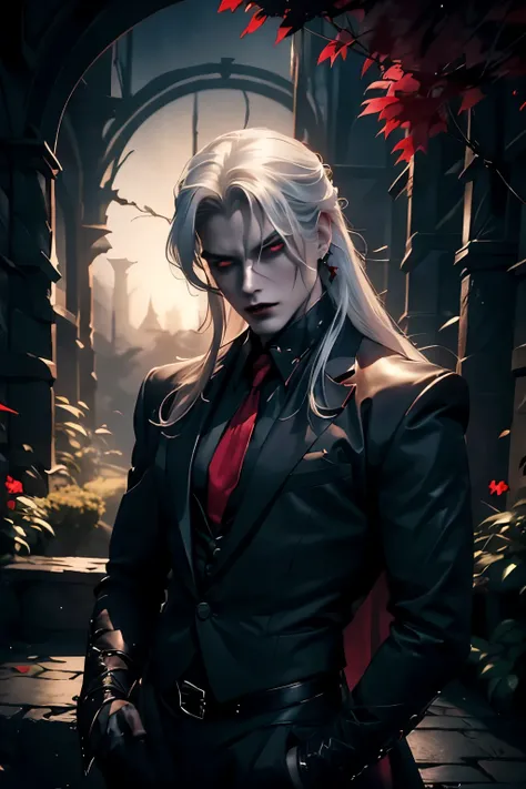 ((Best quality)), ((masterpiece)), 8k (detailed), ((perfect face)), ((halfbody)) perfect proporcions, He is a handsome vampire, he is 18 years old, gothic makeup, he has long white hair, he has red eyes, he poses sensually, he is in a garden at night, ((pe...