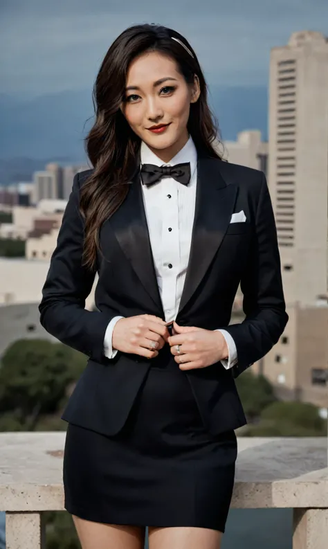 a beautiful picture of fukuharaXL ,woman,detailed skin texture,masterpiece, photorealistic, light, RAW color photo,(fully in frame:1.1), (blush:0.5), (goosebumps:0.5),(((black silk skirt suit))), (((three-piece suit))), (((tuxedo))), (((dress shirt))), (((...