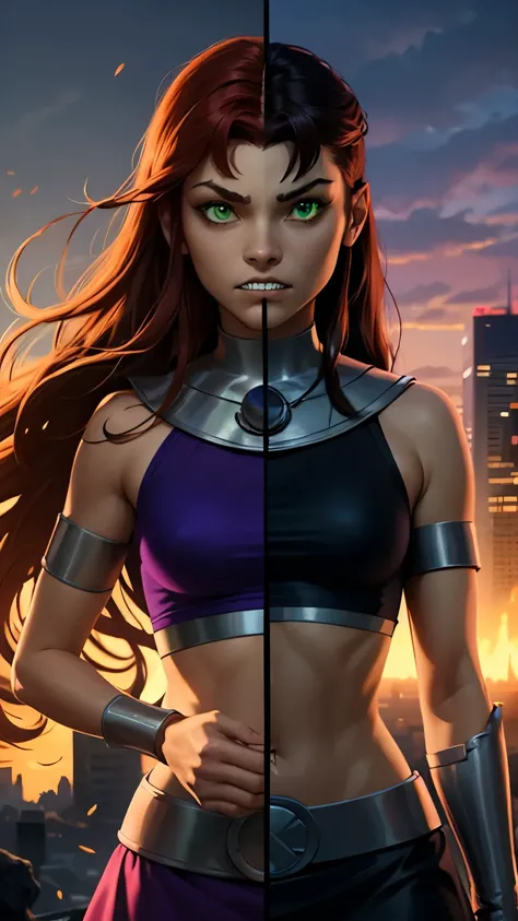 (masterpiece, best quality:1.2), Realistic, SplitScreen, split screen, starfire, orange skin, red hair, gorget, crop top, armlet, vambraces, midriff, skirt, purple skirt, Purple midriff, Green eyes:1.3, Glowing Green eyes, SplitScreen, split screen, blackf...