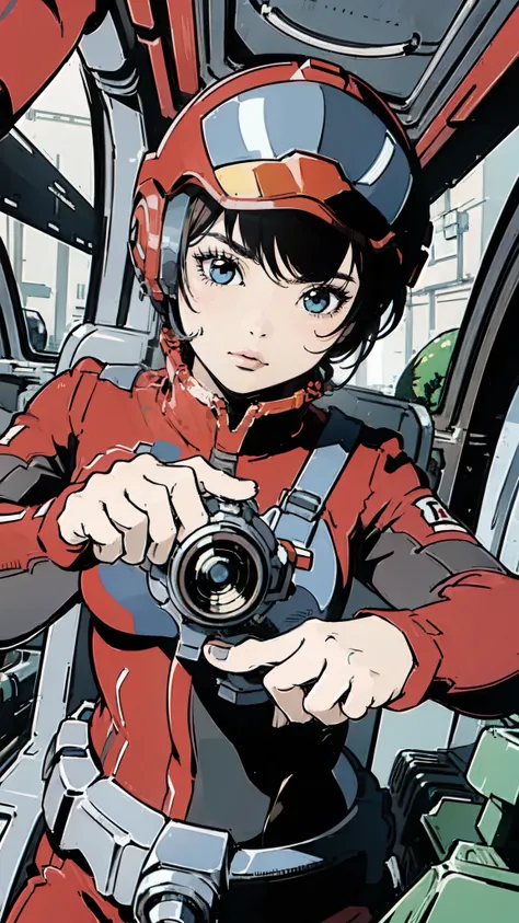 mud cockpit、black hair、22 years old、a tight-fitting red suit、helmet、glaring at the camera