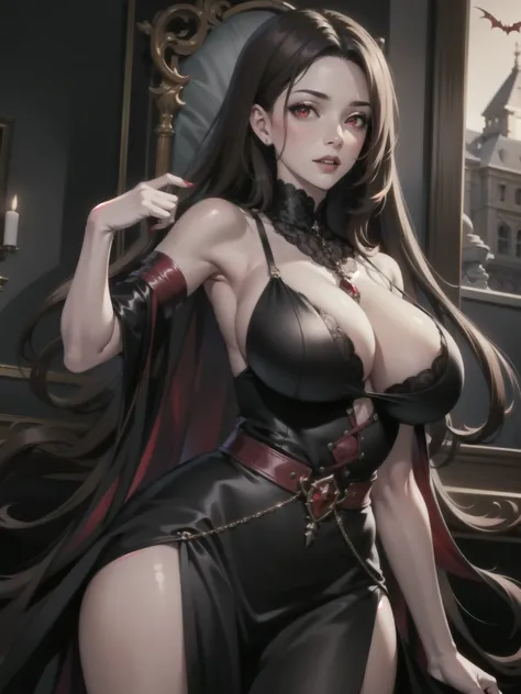 1girl, beautiful, vampire goddess, brunette very long hair, red eyes, wearing a sexy red and black dress, ultrasharp, looking at the viewer, ((best quality)), ((masterpiece)), (detailed), perfect face, big breast, sexy pose, sexy body,
