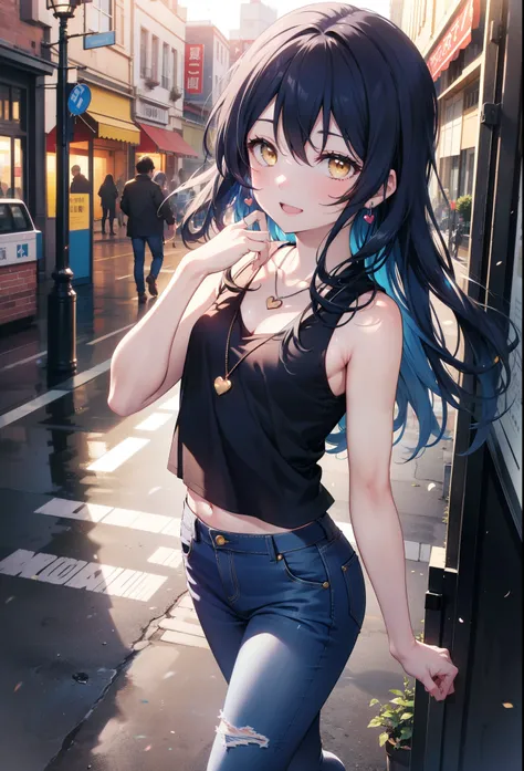 you like it, Umi Sonoda, Long Hair, Blue Hair, (Yellow Eyes:1.5) (Flat Chest:1.2),Blue Tank Top,Heart Necklace,Skinny jeans,Stiletto heels,happy smile, smile, Open your mouth,Walking,Daytime,Clear skies,whole bodyがイラストに入るように,
break outdoors, Building distr...