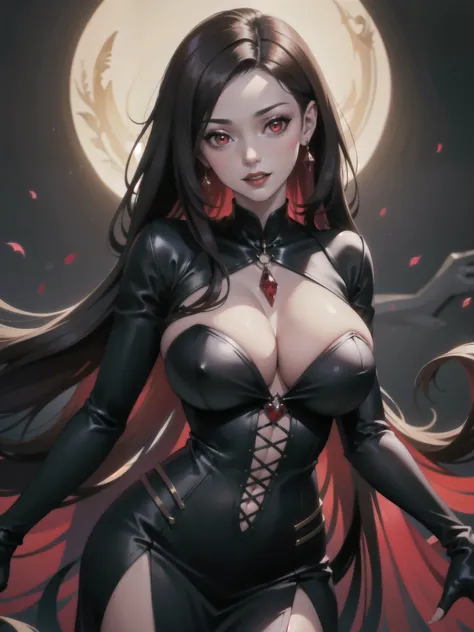 1girl, beautiful, vampire goddess, brunette very long hair, red eyes, wearing a sexy red and black dress, ultrasharp, looking at the viewer, ((best quality)), ((masterpiece)), (detailed), perfect face, big breast, sexy pose, sexy body,
