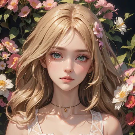 (absurdres, highres, ultra detailed), 1girl, mature female, wavy blonde hair, long hair, blunt bangs, green eyes, pink dress, finely detailed eyes and detailed face, extremely detailed CG unity 8k wallpaper, intricate details, BREAK , kaleidoscopic imagery...