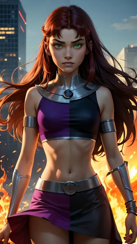 (masterpiece, best quality:1.2), Realistic, SplitScreen, split screen, starfire, orange skin, red hair, gorget, crop top, armlet, vambraces, midriff, skirt, purple skirt, Purple midriff, Green eyes:1.3, Glowing Green eyes, Green Fire, SplitScreen, split sc...