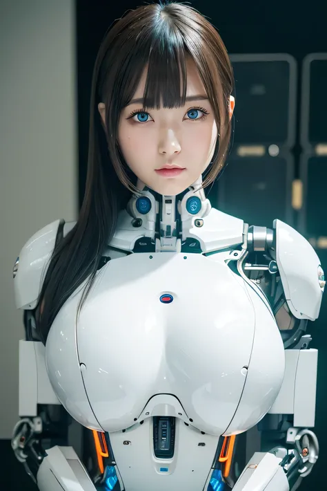 masterpiece, best quality, extremely detailed, Japanese android girl,Plump ,control panels,robot arms,robot,android,cyborg,white robot body,ceramic body,perfect robotgirl,blunt bangs,blue dress,blue eyes