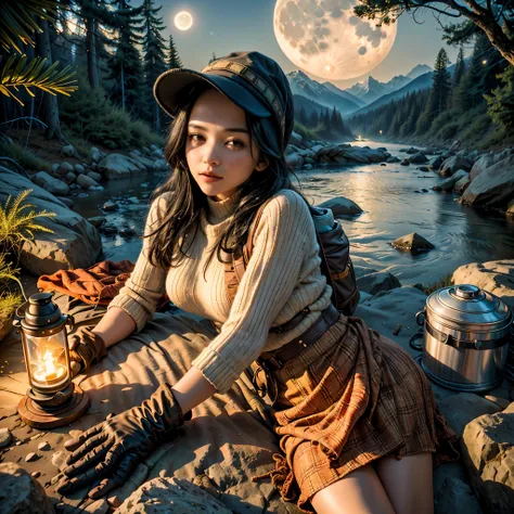 1 woman((upper body selfie, happy)), masterpiece, best quality, ultra-detailed, solo, outdoors, (night), mountains, nature, (stars, moon) cheerful, happy, backpack, sleeping bag, camping stove, water bottle, mountain boots, gloves, sweater, hat, flashlight...