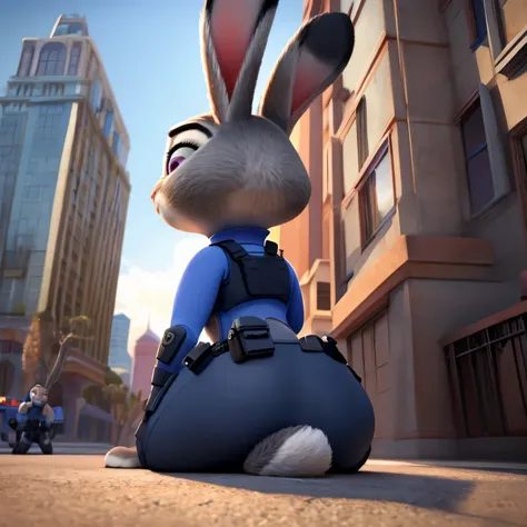 by disney pixar, 3d, by qupostuv35, macro, ((judy hopps)), female, zootopia, police uniform, thigh crushing, back