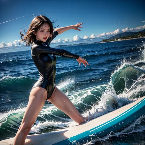 (ZoomedOut:1.28, Wide-shot) (Epic photo of surfer magazine:1.37). (Everything Wetted:1.6) WetHair (extremely detailed KAWAII wet face)(SparklingHighlights:1.28), Dynamic Joyful Expressions LifeLike Rendering  (ManoErina:1.0) . Overflowing Gigantic Sideboob...