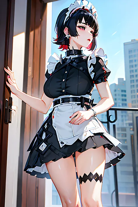 Masterpiece, high resolution, beautiful, perfect body, big breasts, short black hair, red hair under the black hair, ear hoops, dressed as a maid