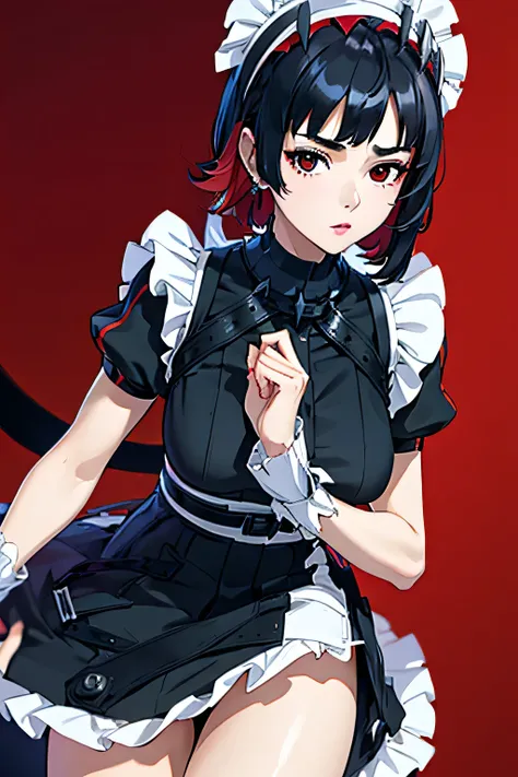 Masterpiece, high resolution, beautiful, perfect body, big breasts, short black hair, red hair under the black hair, ear hoops, dressed as a maid